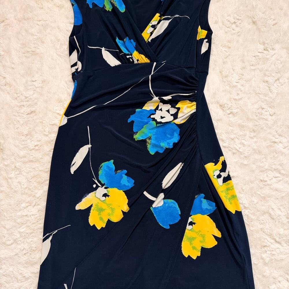 Lauren Ralph Lauren Size 6P Navy Blue Floral Faux Wrap Sheath Dress Ruched